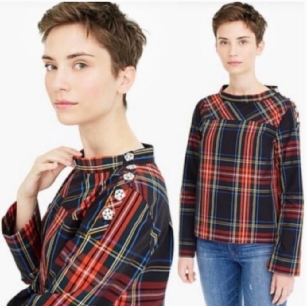 J. Crew Navy Red Plaid Button-Shoulder Blouse